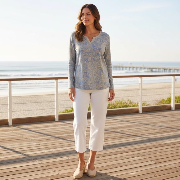 Ocean & Coast Periwinkle Blue and Beige Leaf Print Women's Tunic Top Size Large - Picture 1 of 9